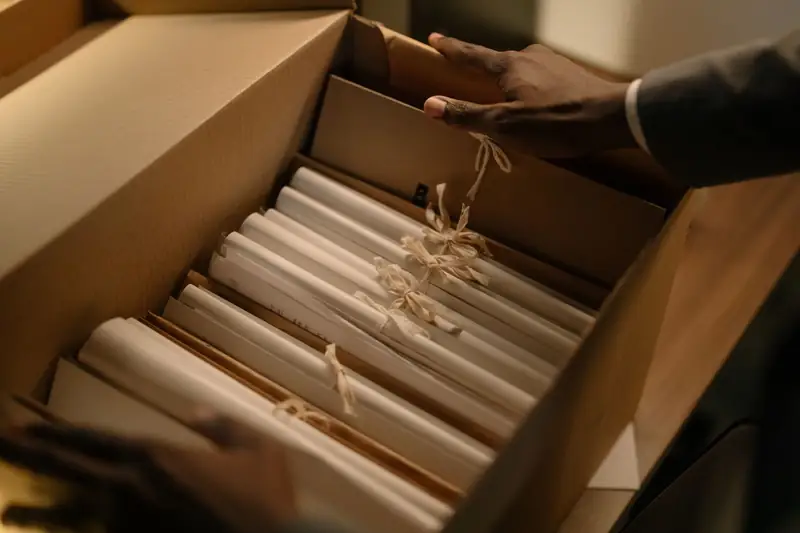 Hands lifting tied paper bundles out of a cardboard archive box